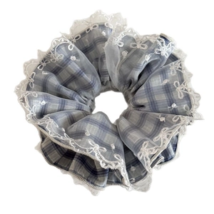 Blue gingham scrunchie with delicate white lace embroidery and ballet aesthetic style