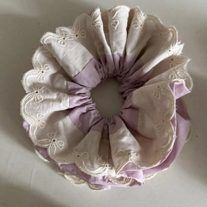Elegant oversized double-layer lace scrunchie with purple fabric and floral embroidery