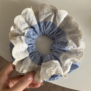 Lace ruffle scrunchie with blue fabric and floral embroidery for women hair