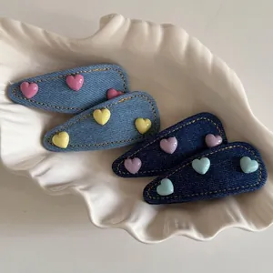 Sweet Denim Heart Hair Clip Handmade Fabric Resin Hairpin For Women Contrast Stitching Blue Jean Style Hair Accessory