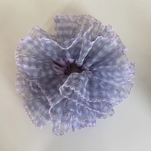 Chic oversized light purple mesh scrunchie with layered lace frills and soft wavy edges