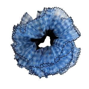 Blue plaid mesh hair scrunchie with black wavy lace trim and elegant pleated ruffles