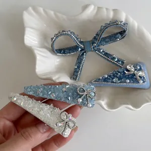 Light Luxury Blue Beaded Crystal Bow Hair Clip Elegant Triangle Rhinestone Duckbill Clip For Women Handmade Hair Accessories