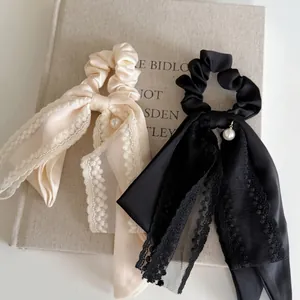 Chouchou Nœud en Satin Style Français Avec Ruban en Dentelle et Künstliche Perle Élégant Élastique Cheveux pour Femmes Corde Cheveux Mode Vintage