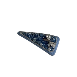 Blue denim fabric hair clip with rhinestones, pearls and crystal bow detail