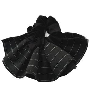 Vintage black and white striped scrunchie with layered ruffle edge and dog charm