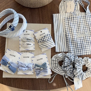 Fashion Blue Striped Fabric Handmade Accessories Women Mini Handbag Hair Clip Sweet Commute Style Daily Decorative Set