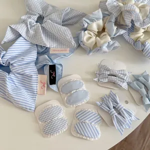 Korean Style Blue Hair Accessory Set Bow Hair Clips Plaid Striped Scrunchies For Women Daily Hair Styling Decoration