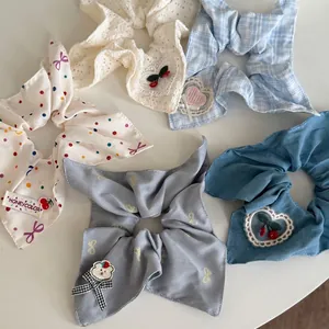 Large Cloth Scrunchie Hair Tie With Bow Cherry Bear Heart Embroidery Sweet Korean Style Hair Accessories For Women Girls