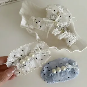 Pince à Cheveux pour Femmes en Tissu Plissé à Pois Avec Nœud en Künstliche Perles Accessoire de Coiffure Style Coréen Élégant