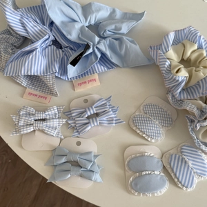 Minimalist sky blue and white hair accessories set with striped scrunchies and bow clips