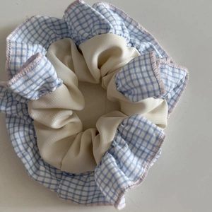Minimalist blue striped oversized scrunchie hair tie with cream layer and pink trim