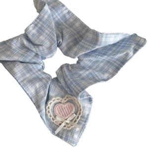 Blue gingham bow scrunchie with pink heart embroidery and delicate lace details