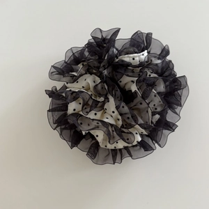 French retro polka dot oversized scrunchie with layered lace tulle for elegant hair styling