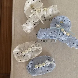 Lot de pinces à cheveux à pois bleus et blancs avec dentelle et perles pour femmes