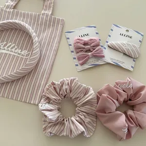 Sweet Pink Striped Bow Hair Clip Headband Scrunchie Fabric Hair Accessories Canvas Tote Bag For Women Fashion Daily Decor