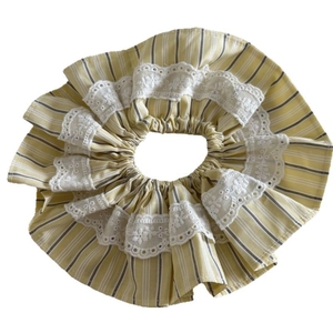 Elegant oversized yellow striped hair scrunchie with white lace embroidery detail