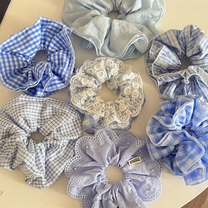 7er-Set Haargummis in Blau-Serie mit Spitze und Karomuster für Damen-Haarschmuck