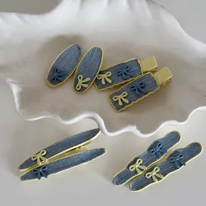 Vintage Denim Blue Bowknot Hair Clips Sweet Yellow Contrast Color Duckbill Clip For Women Daily Fashion Hair Accessories