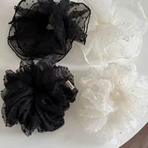 Chouchous en Maille à Pois Noir Blanc Surdimensionné Moelleux Attaches Cheveux Mode Quotidien Fait Main Accessoires Cheveux Femme