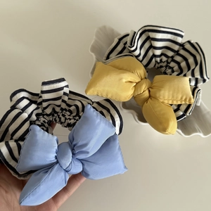 Striped bow scrunchie set in bright yellow and light blue with soft padded design