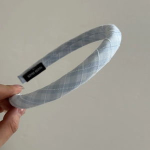 Blue plaid fabric headband with handmade label for women's hairstyle fashion