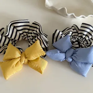 Yellow Bow Striped Scrunchie For Women Fashion Cloth Fabric Elastic Hair Tie Large Bowknot Hair Accessory For Daily Dating
