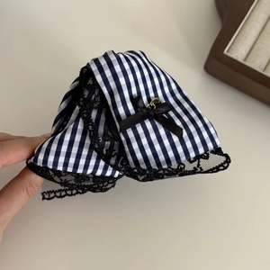 Navy style plaid hair claw clip with black floral lace trim and bowknot design