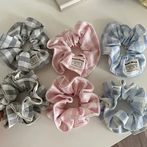 Elastici per Capelli in Stile Coreano con Motivo Gingham Plaid Dolce Fermacapelli in Tessuto con Etichetta a Orsetto per Donna