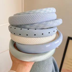 Women Fashion Padded Plaid Striped Headband Fresh Blue Grid Thick Sponge High Top Hair Band Non-slip Hair Accessories
