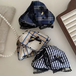 Retro Gingham Fabric Hair Claw Clip With Bow Lace Trim Metal Pendant Nautical Style Sweet Plaid Hair Accessories For Women