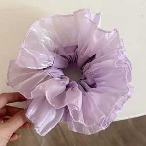 Chouchou Géant en Organza à Bordure Fleurie Plissée Élastique Cheveux Doux Style Fille Mode Accessoires Cheveux Pour Femmes
