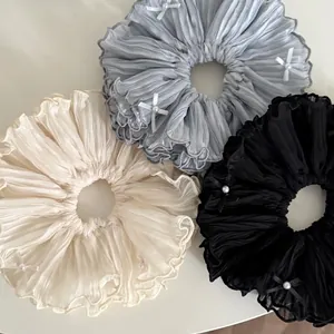 Grands Chouchous Plissés en Maille Avec Nœuds Et Künstliche Perles Style Coréen Doux Accessoires de Coiffure Élégants pour Femmes