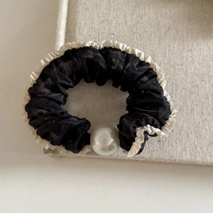 French style polka dot mesh scrunchie with white lace edge and large pearl accent