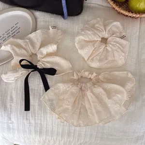 French Style White Lace Embroidery Scrunchie For Women Vintage Elegant Bow Ribbon Hair Tie Large Hollow Floral Headband Hair Accessories
