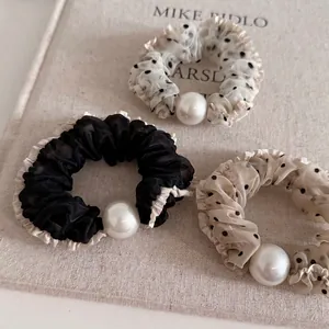 French Style Polka Dot Satin Mesh Scrunchies With Large Imitation Artificial Pearl Elegant Pleated Hair Tie Vintage Hair Band For Women