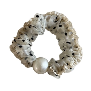 French vintage polka dot mesh scrunchie with lace ruffle and elegant pearl bead