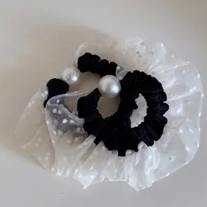Elegant Polka Dot Mesh Scrunchies For Women Korean INS Style Artificial Pearl Decorative Hair Ties Fashion Elastic Hair Bands Accessories