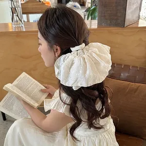 French style white lace embroidered oversized scrunchie hair accessory for women