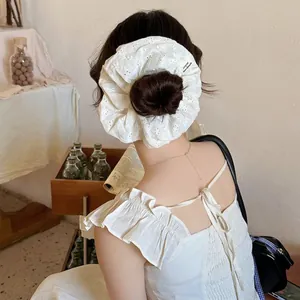 French style white lace scrunchie with hollow embroidery and handmade label for women