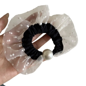 Black seersucker scrunchie with white polka dot mesh and large pearl accent