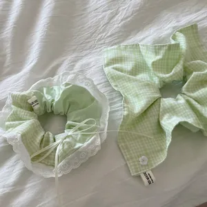Plaid Green Lace Scrunchies Large Fabric Hair Ties Floral Bow Knot Ponytail Holder Fashion Hair Accessories For Women