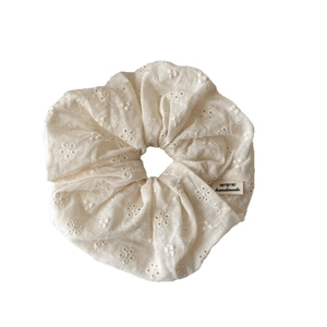 French style creamy white hollow out embroidered scrunchie with handmade tag for women