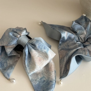 Accesorios Para El Cabello De Mujer Coletero Con Lazo Tie Dye Azul Pintura Al Óleo De Estilo Francés Hecho A Mano Con Cinta De Perlas Artificiales