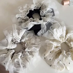 French Vintage Lace Mesh Polka Dot Scrunchie Large Double Layer Sweet Tulle Hair Tie For Women Hair Accessories
