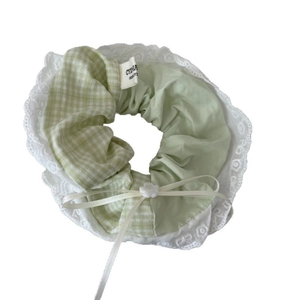 Green and white plaid oversized scrunchie with lace trim and bowknot detail