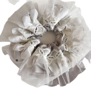 Sweet double-layer lace scrunchie with polka dots and plaid embroidery on white background