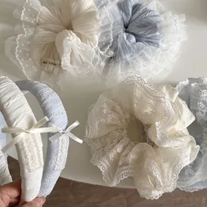 Chouchou Serre-tête Doux avec Nœud en Dentelle pour Femmes Filles Pois Rayure Maille Broderie Künstliche Perles Faux Accessoires Cheveux