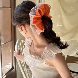Handmade Orange Floral Scrunchie With White Lace Trim Sweet Fresh Fabric Hair Tie For Women Fashion Hair Accessories