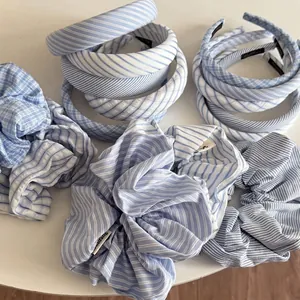 Korean Style Blue White Striped Plaid Fabric Headbands And Large Scrunchies For Women Fashion Hair Accessories Gift